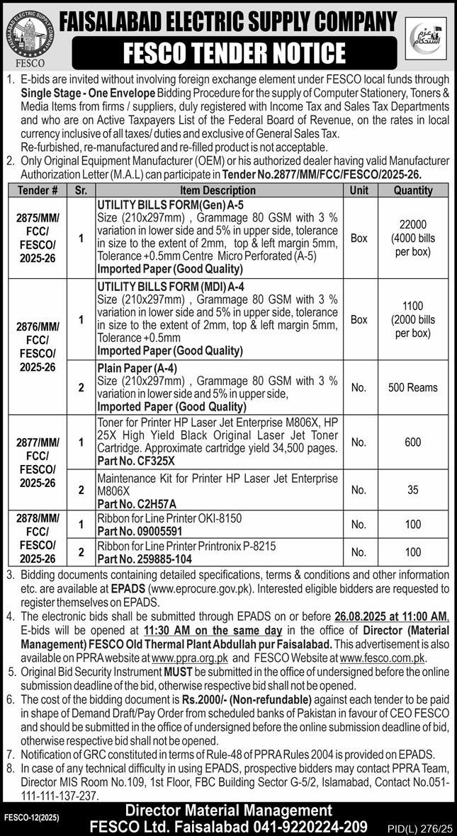 FESCO Faisalabad Tender Notice